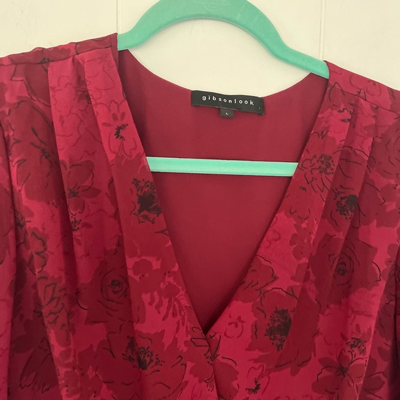 Gibson Look Dark Red Floral Blouse Bodysuit Plunging Neckline Size Large - Picture 6 of 14